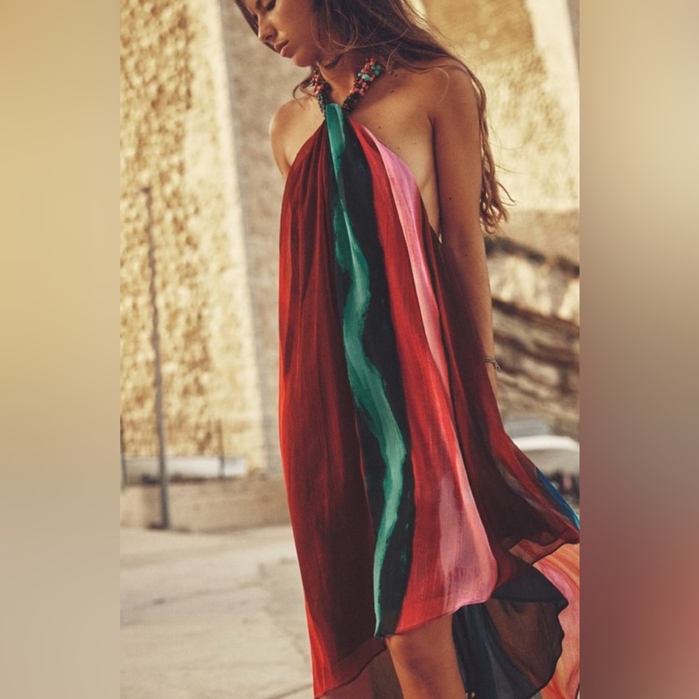 Zara BEADED HALTER multicolored print open back asymmetric hem DRESS Size L NEW